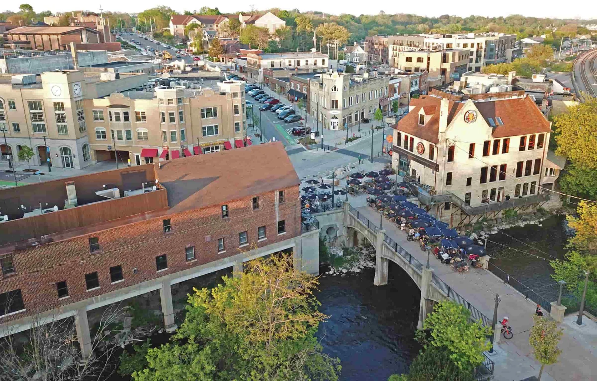 Aerial view of a historic southeast Wisconsin downtown