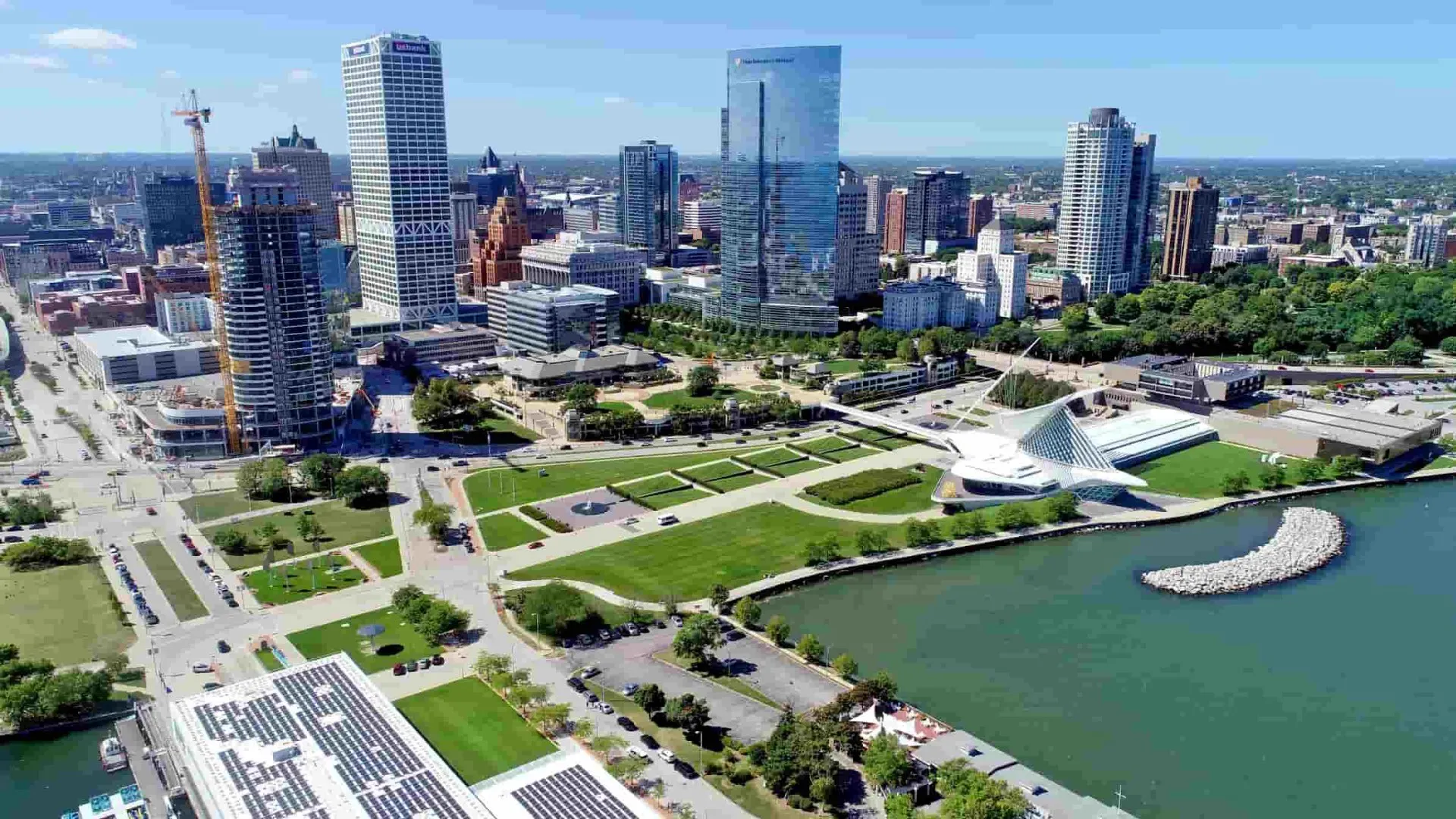 Aerial view of downtown Milwaukee office towers along the lakefront